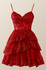Straps Red Appliques Tiered Layered Short Princess Dress