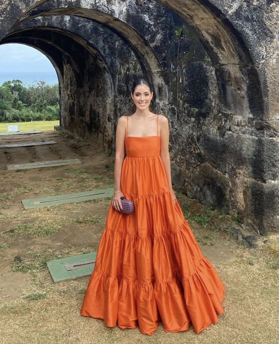 Orange Long Prom Dress Fashion Evening Gown Satin A Line Style
