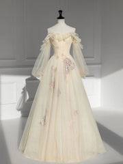 Long Satin Off-the-Shoulder Puffy Sleeves Prom Evening Gown Dressv=1701400086