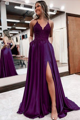 Elegant Long A Line Satin V Neck Prom Dresses With Lace