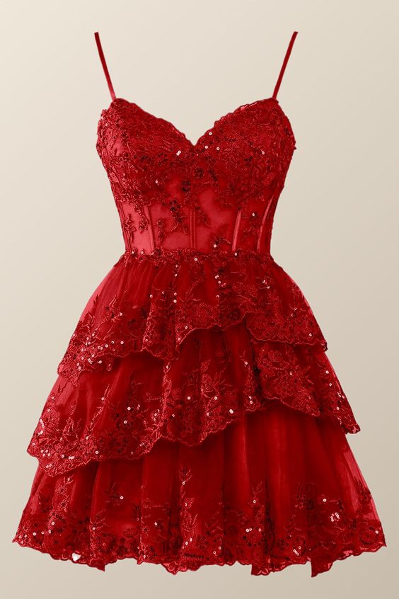 Straps Red Appliques Tiered Layered Short Princess Wedding Party Dress