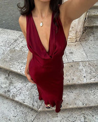 Burgundy Deep V Neck Prom Dress Evening Gown Satin Fabric