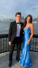 Sexy Blue Mermaid Prom Dresses, Open Back Long Evening Party Gown