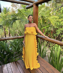 Elegant Yellow Pleated Prom Dresses Long Evening Gowns Formal Party Wear