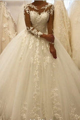 Elegant Bateau Long Sleeve A-Line Wedding Dress with Lace Appliques