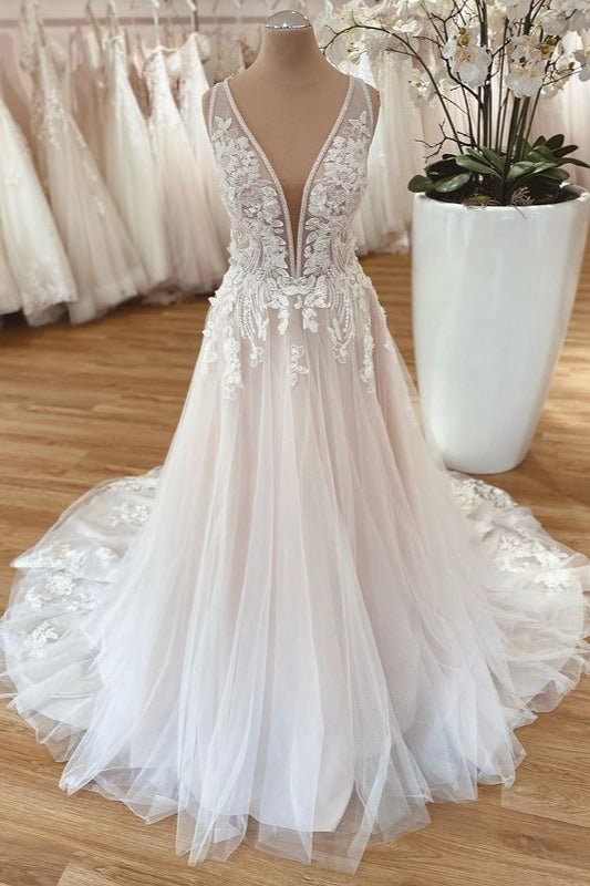 Elegant A-Line Wide Strap Tulle Floral Lace Floor-Length Wedding Dress for Brides