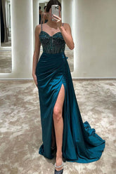 Elegant Spaghetti Strap Prom Dress Sweetheart Beaded Split Evening Gown