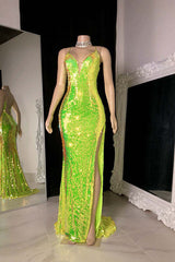 Light Green Sequin Halter Prom Dress with V-Neck and Thigh Slit
