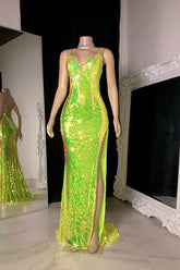 Light Green Sequin Halter Prom Dress with V-Neck and Thigh Slit