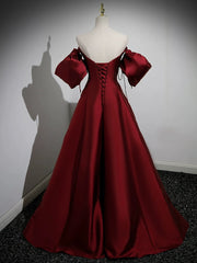 Elegant A-Line Puff Sleeve Satin Burgundy Long Prom Dress
