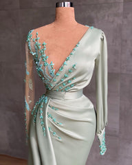Elegant Satin V-Neck Beaded Applique Mermaid Evening Gown with Long Sleeves