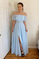 Elegant Off-the-Shoulder Sky Blue Prom Dress with Thigh High Split