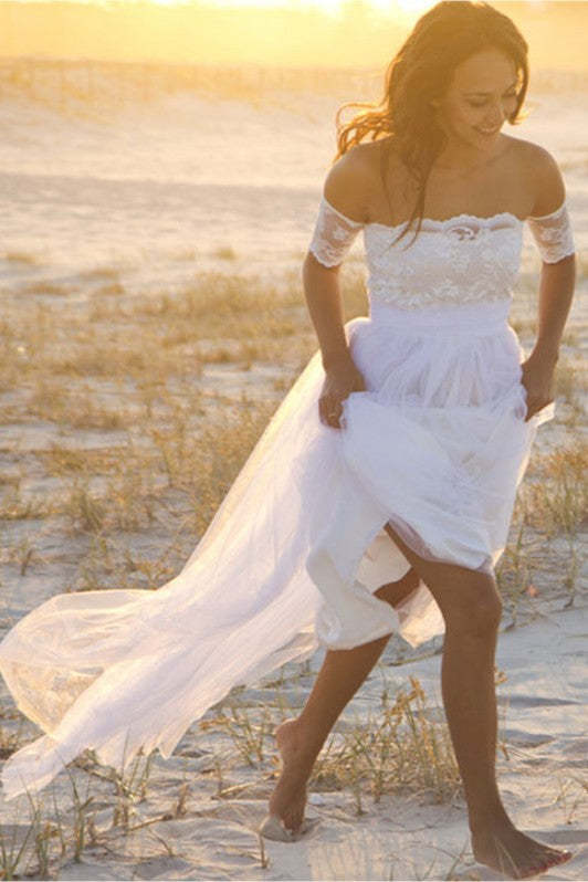 Off-Shoulder Tulle Lace Beach Wedding Dress with Train