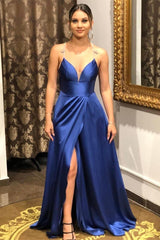 Royal Blue A-Line Spaghetti Straps Long Prom Dress with Split