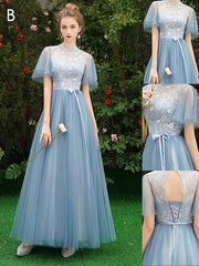 Elegant Blue Lace A-Line Floor-Length Prom Dress with Built-In Bra