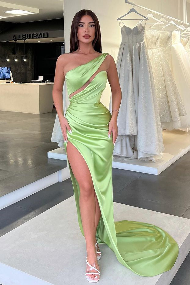 Elegant Light Green One-Shoulder Sleeveless Long Evening Dress with Slit