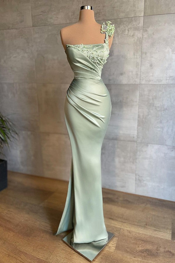 Elegant One Shoulder Slim Satin Mermaid Prom Dress for Women with Appliques and Ruffles