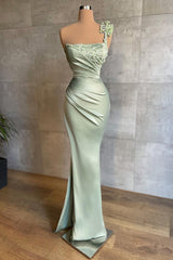 Elegant One Shoulder Slim Satin Mermaid Prom Dress for Women with Appliques and Ruffles