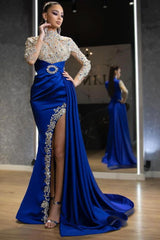 Elegant Royal Blue Long Sleeves Beaded Mermaid Prom Dress with Slit and Ruffles