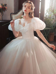 White Tulle Puffy Sleeves Long Prom Dress Sweet 16 Gowns