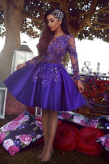 Elegant Classic Scoop Neck Long Sleeve Purple Lace Applique Mini Homecoming Dress