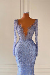Sparkling V-Neck Long Sleeve Beaded Mermaid Evening Gown for Formal Events
