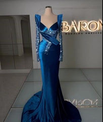 Royal Blue Long Sleeve Mermaid Charmeuse Prom Dress with Beading