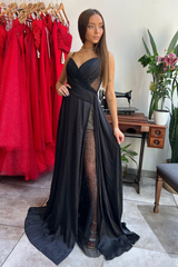 Elegant V-Neck Black Prom Gown with Pleats and Slit, Perfect for Formal Events
