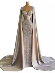 Elegant Pink Beaded Mermaid Evening Gown with Detachable Cape Sleeves