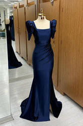 Royal Blue Mermaid Prom Dress with Bubble Sleeves and Thigh Slit