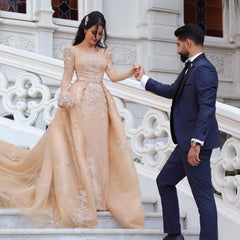 Elegant Long Sleeve Bateau Detachable Tulle Wedding Dress with Cathedral Train