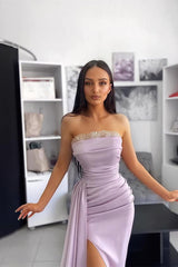 Elegant Lavender Off-Shoulder Evening Gown with Pleated Applique & High Slit