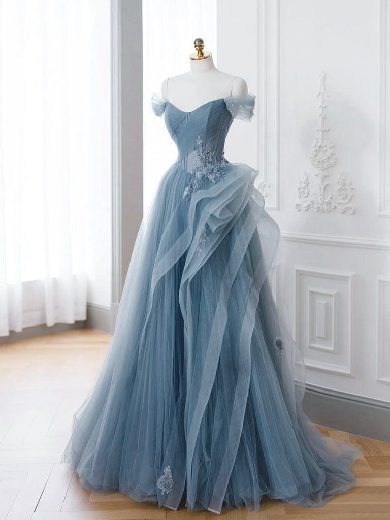 Elegant Gray Blue A-Line Off Shoulder Tulle Lace Prom Dress