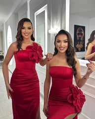 Elegant Red Strapless Prom Dress with Flower Pearls, Split and Pleated Details