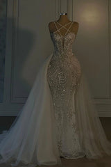 Heavy Mermaid V-Neck Spaghetti Strap Beaded Wedding Dress Long Gown