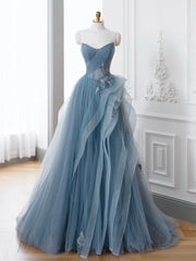 Elegant Gray Blue A-Line Off Shoulder Tulle Lace Prom Dress