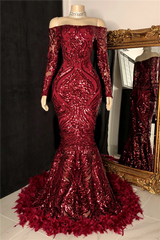 Burgundy Sequin Mermaid Prom Dress with Long Sleeves and Feathers