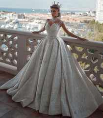 Beaded Cap-Sleeve Ball Gown Wedding Dress with Tulle Appliqué