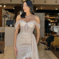 Charming Champagne Sequined Off-Shoulder Prom Dress with Feather Accents Evening Gown