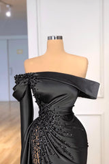 Stunning Black Satin Mermaid Evening Dress with Side Split and Glitter Beadings