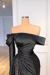 Stunning Black Satin Mermaid Evening Dress with Side Split and Glitter Beadings
