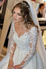 Elegant White A-Line V-Neck Lace Wedding Gown with Long Sleeves