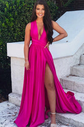 Fuchsia Sleeveless V-Neck A-Line Prom Dress with Split, Elegant Long Formal Gown
