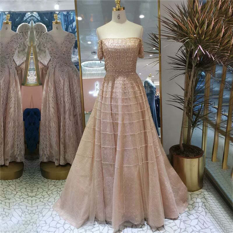 Elegant Sequined Off Shoulder Long Sleeve Prom Dress A Line Design