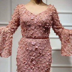 Dusty Rose V Neck Long Sleeve Mermaid Prom Dress With Appliques