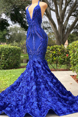 Royal Blue Halter V-Neck Open-Back Sleeveless Mermaid Prom Dress Evening Gown
