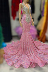 Sparkling Pink Sequin Mermaid Prom Dress with Elegant Wide Shoulder Straps