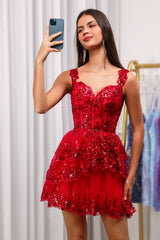 Sparkly Red Corset Tiered Lace A-Line Homecoming Dress for Women