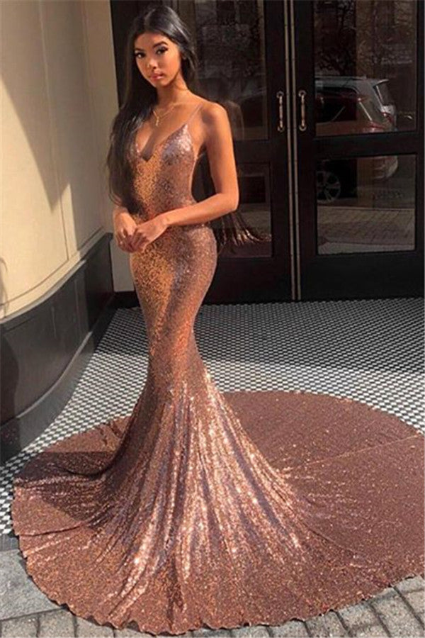 Shimmering Rose Gold Sequin Mermaid Prom Dress Spaghetti Straps Elegant Gown