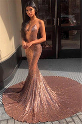 Shimmering Rose Gold Sequin Mermaid Prom Dress Spaghetti Straps Elegant Gown